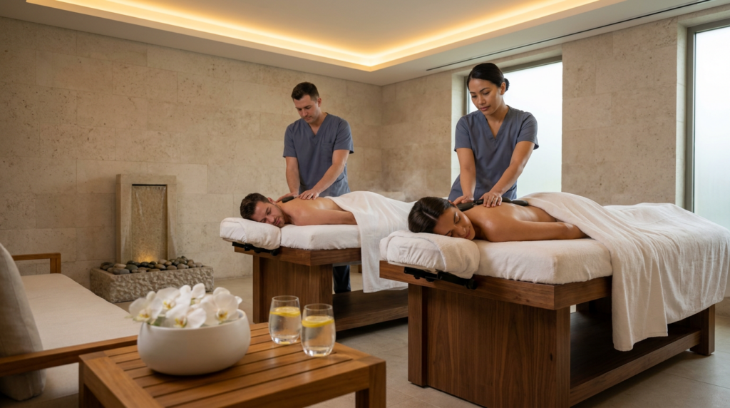 Two people enjoy a couples deep tissue massage from skilled therapists in a modern spa room with stone walls, a tranquil fountain, and a table adorned with flowers and glasses of water for shared stress relief.
