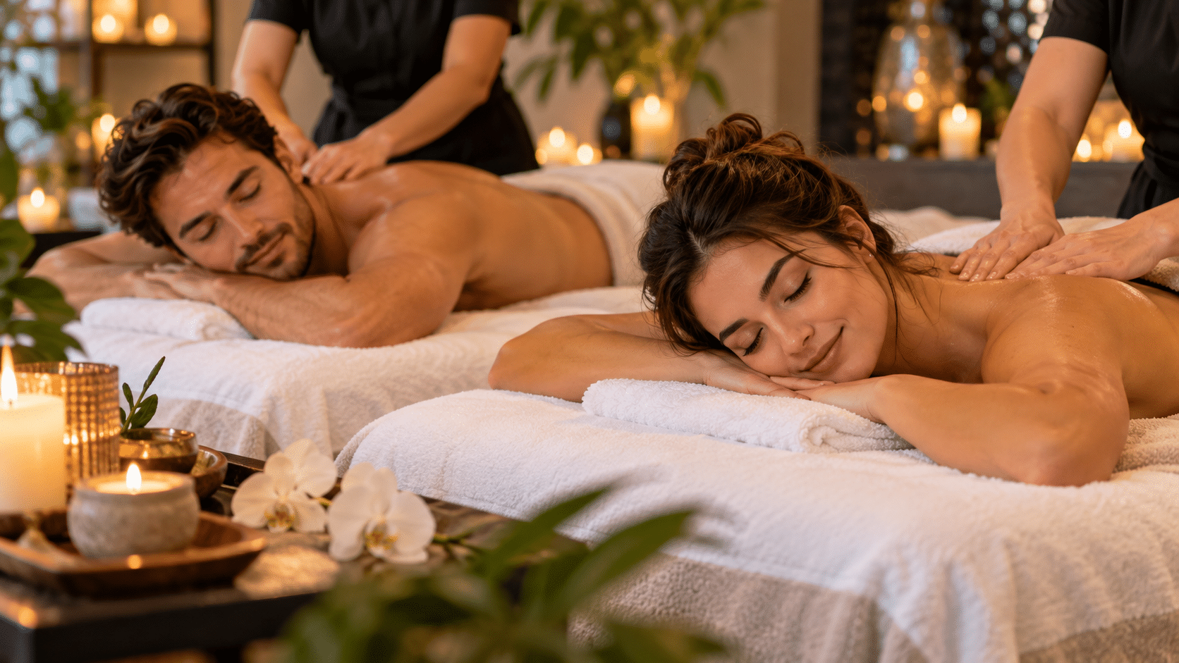 A man and a woman enjoy a romantic couples spa day while lying on massage tables and receiving back massages.