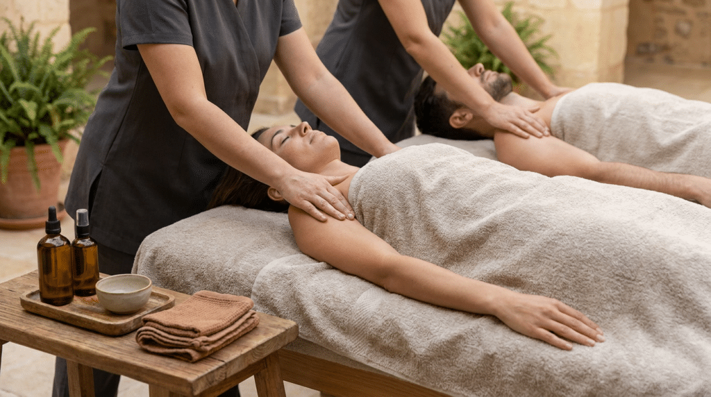 Two people are lying on massage tables covered with towels, enjoying a relaxing couples massage from therapists. Spa essentials rest on a wooden tray nearby, enhancing the soothing ambiance.