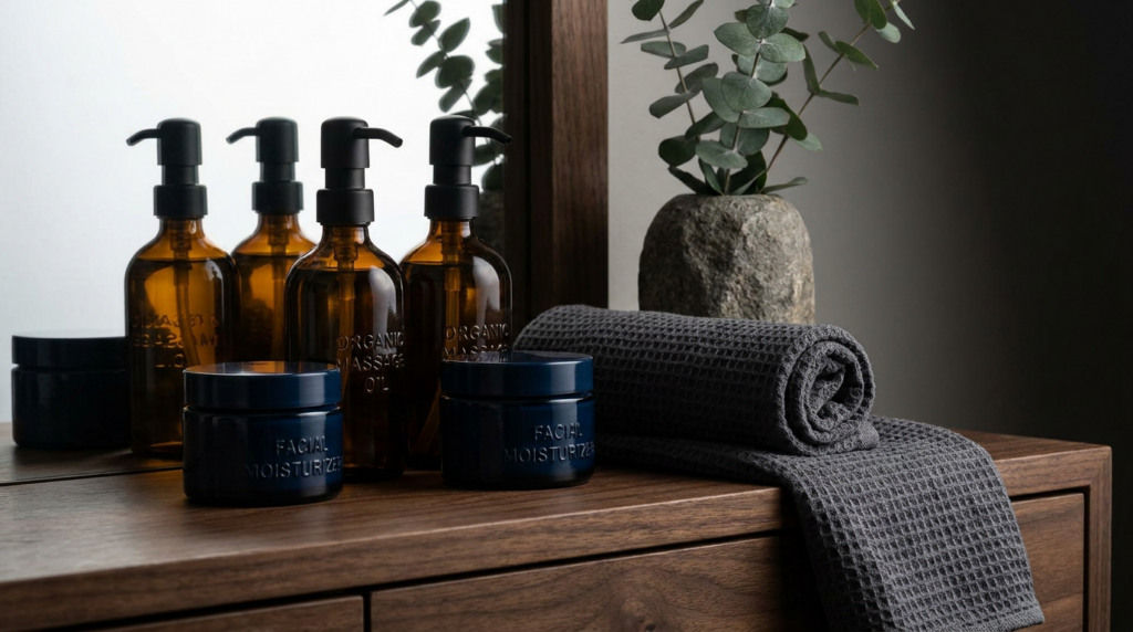 Amber pump bottles, dark jars labeled "FACIAL MOISTURIZER," and a rolled gray towel are arranged on a wooden surface near a stone vase with greenery, evoking the soothing ambiance of a Spa Lounge.