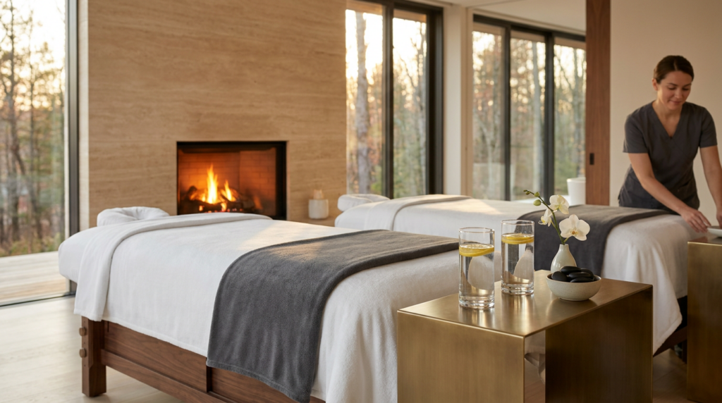 A spa room with two massage tables, a fireplace, large windows, and a person preparing the space; two glasses of water and an orchid are on a side table.