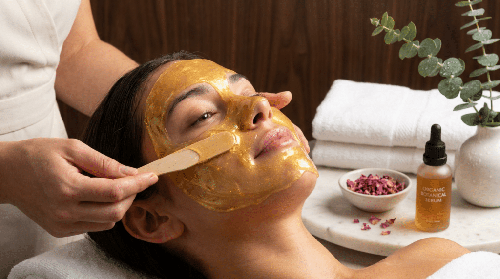 A person enjoys ultimate relaxation with a gold facial mask application at a St. George spa, surrounded by a bowl of petals, a serum bottle, and plush towels on the counter nearby.