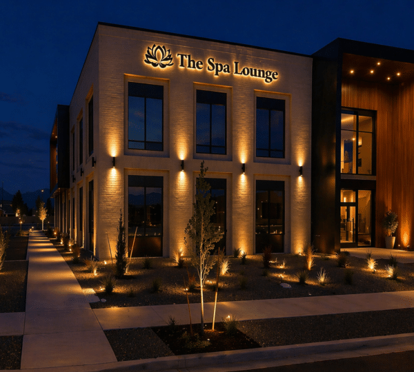 Modern two-story building labeled "The Spa Lounge" is illuminated by exterior lights at dusk, with landscaped pathways and parking spaces visible.