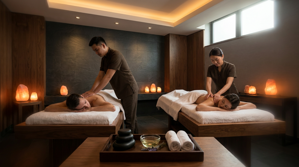 Two people enjoy a couples massage from therapists in a dimly lit spa room, where towels, stones, and salt lamps rest on wooden tables for shared stress relief.