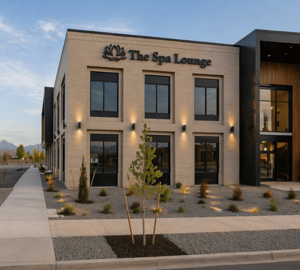 A modern two-story building with "The Spa Lounge" sign, large windows, and landscaped grounds under a clear sky, with mountains visible in the background.