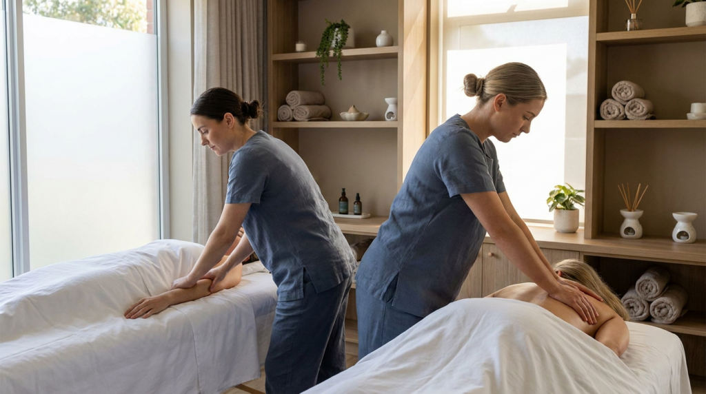 Two massage therapists in gray uniforms give couples massages to clients lying face down on separate tables in a spa room with shelves holding towels and decorative items. For more details or common questions, see our FAQ.