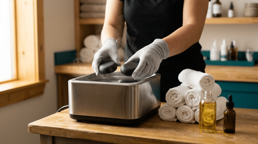 A person wearing gray gloves removes a heated stone from a warming unit next to rolled towels for a couples hot stone massage.