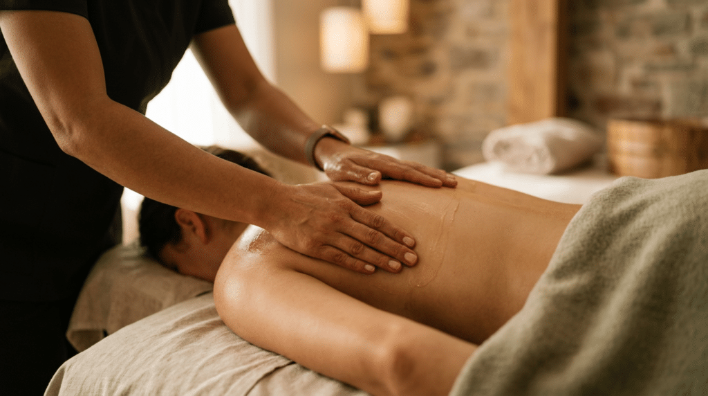 A massage therapist applying oil to a client’s back during a spa treatment.
