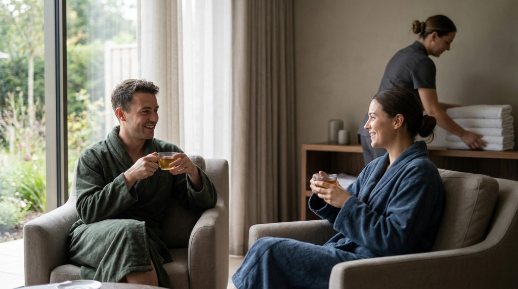 Two people in robes sit in armchairs, enjoying tea and conversation, while a staff member stacks towels in the background of a bright, modern room—an ideal setting for busy professionals seeking self-care.