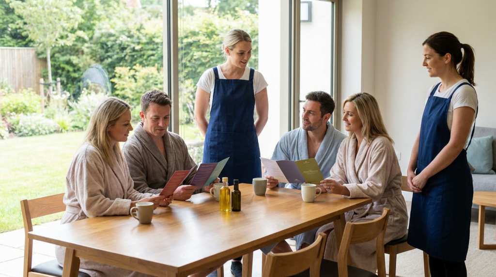 Four people in robes sit at a wooden table reading menus, while two staff members in blue aprons stand nearby in a bright room with large windows overlooking a garden, discussing couples spa package options.
