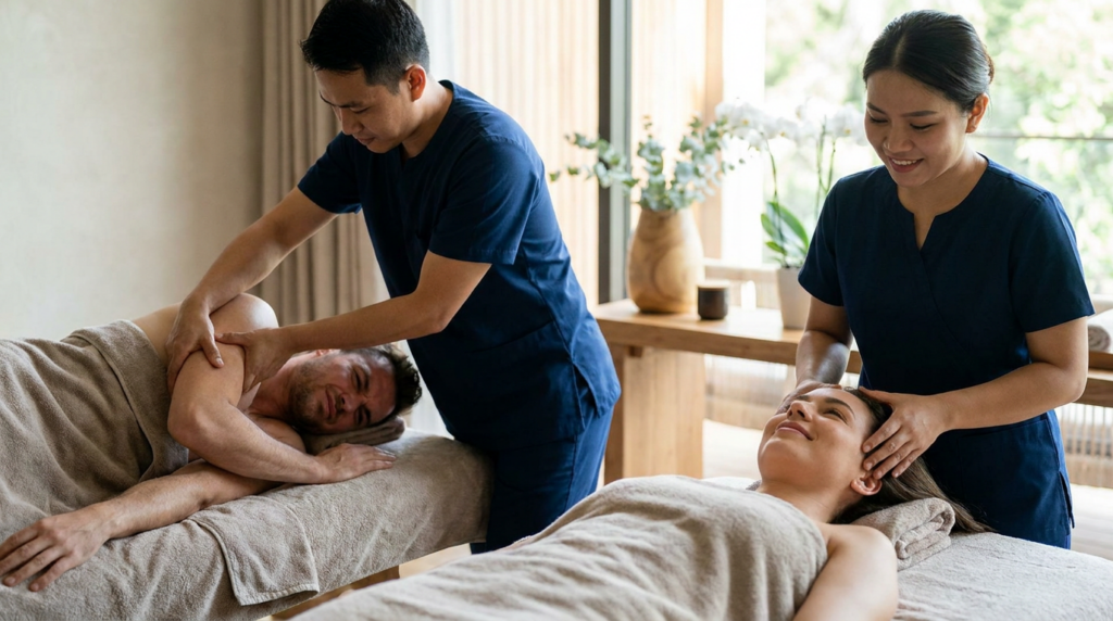 Two people enjoy a Couples Deep Tissue Massage on separate tables from skilled therapists in a well-lit, modern spa setting.