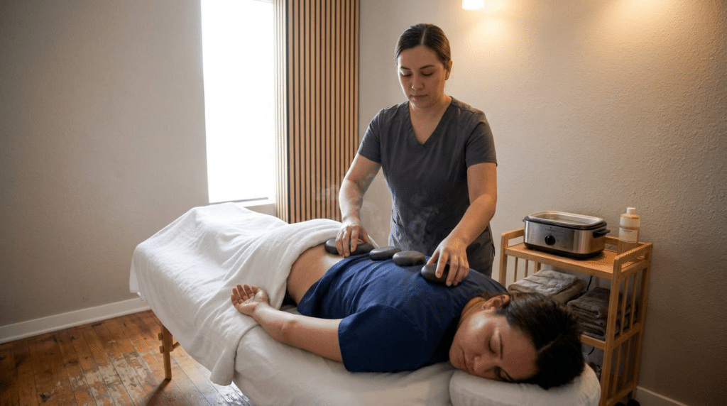 A massage therapist places hot stones on a client’s back in a spa treatment room, providing a deeply relaxing Hot Stone Massage.
