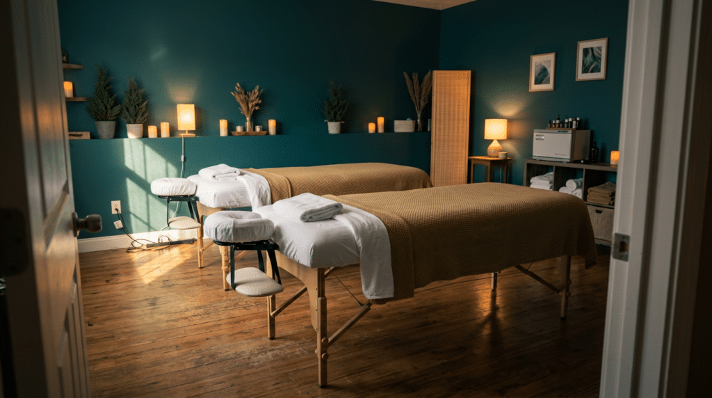 Two massage tables covered in white linens and tan blankets in a room with dark green walls, lamps, and candles, ideal for a couples hot stone massage.