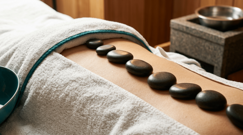 Smooth black stones from a signature massage lined up in a row along a person’s back.