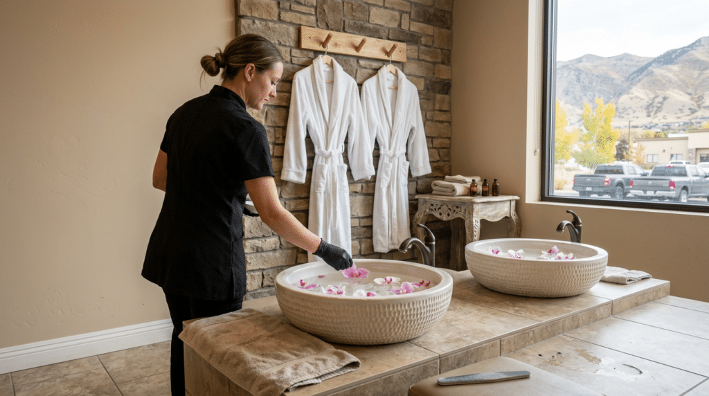 A spa employee in a black uniform places flower petals into a stone basin of water, preparing for a signature massage.