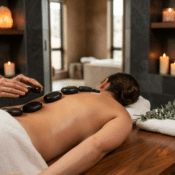 A massage therapist places smooth, dark stones on a person’s back during a couples hot stone massage treatment.