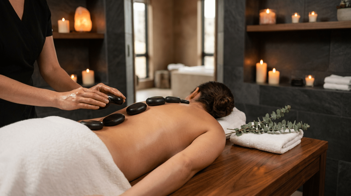 A massage therapist places smooth, dark stones on a person’s back during a couples hot stone massage treatment.