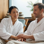 A woman and a man in white bathrobes sit close together on lounge chairs, holding hands and smiling in a spa setting—enjoying a Couples Spa Package perfect for busy professionals seeking self-care.