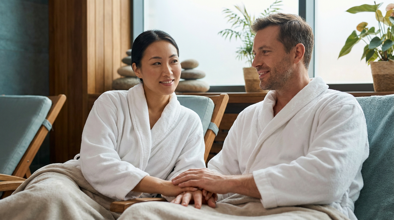 A woman and a man in white bathrobes sit close together on lounge chairs, holding hands and smiling in a spa setting—enjoying a Couples Spa Package perfect for busy professionals seeking self-care.