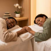 Two people lie on adjacent massage tables, holding hands and smiling, enjoying a Couples Spa Package in a tranquil setting with soft lighting and relaxing decor.