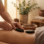 A person receives a hot stone massage on their back in a spa setting, surrounded by towels, bowls, greenery, and the calming ambiance highlighted in the St. George spa guide for ultimate relaxation in St. George.