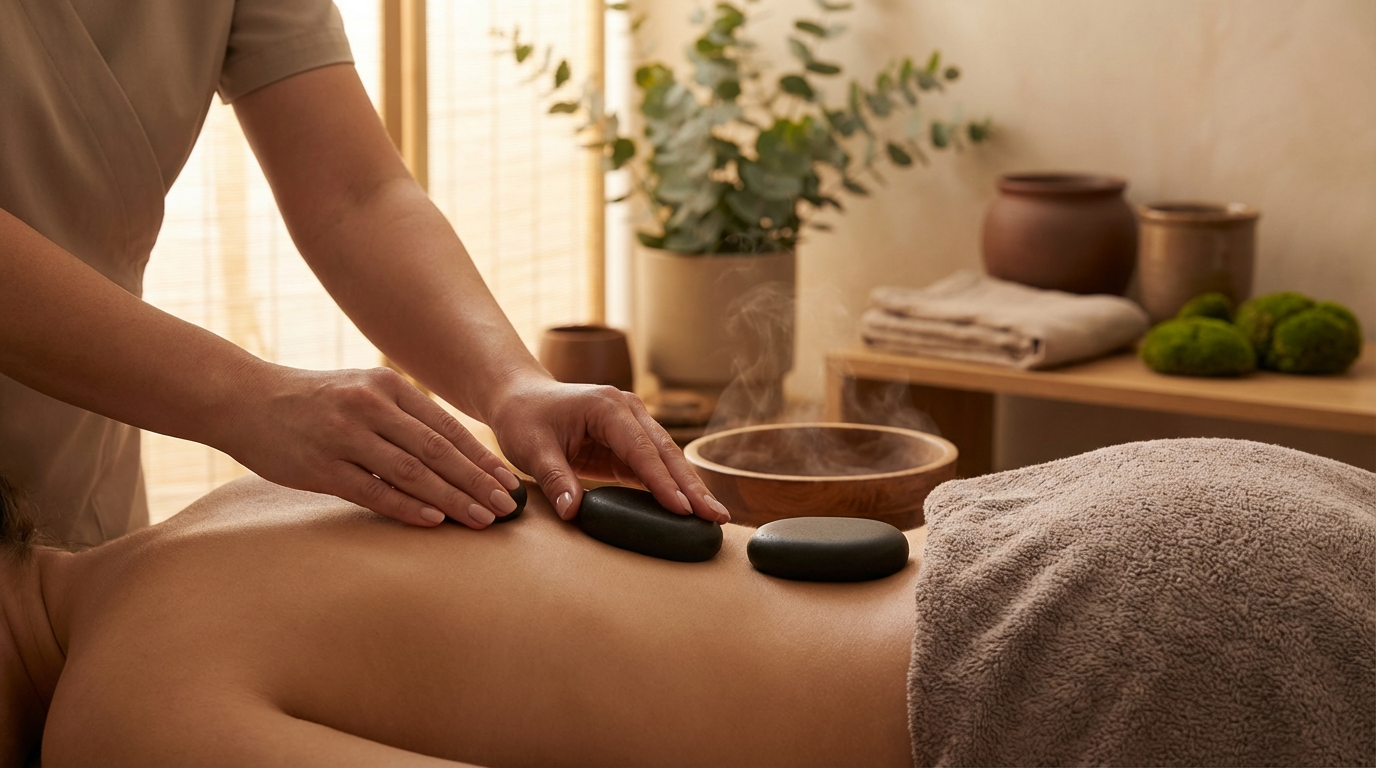 A person receives a hot stone massage on their back in a spa setting, surrounded by towels, bowls, greenery, and the calming ambiance highlighted in the St. George spa guide for ultimate relaxation in St. George.