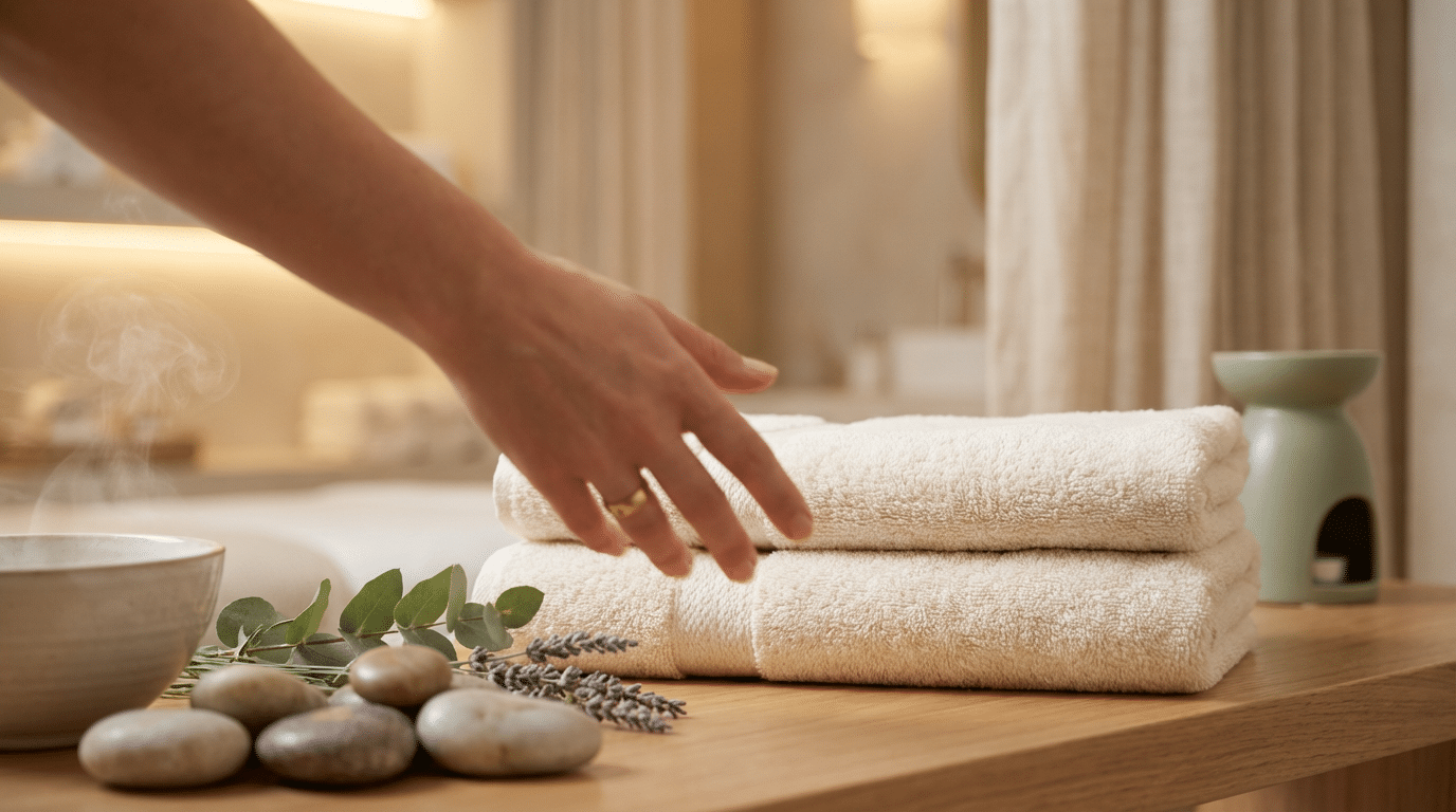 A hand reaches toward two folded white towels on a wooden table, with spa stones, lavender, and eucalyptus leaves nearby—perfect for a relaxing body scrub or body wrap in a serene spa setting.