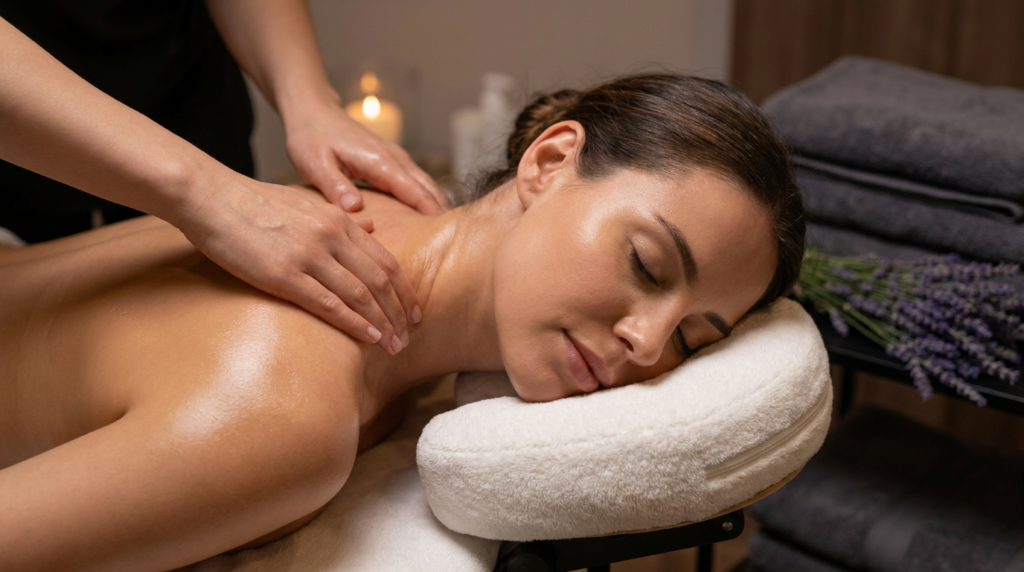 A woman is lying face down on a massage table with her eyes closed, enjoying relaxation as she receives a soothing shoulder and neck massage in a tranquil Utah spa setting.