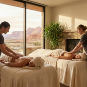 Two people enjoy a couples massage from therapists in a bright Utah spa room with large windows, mountain views, and soothing neutral décor.