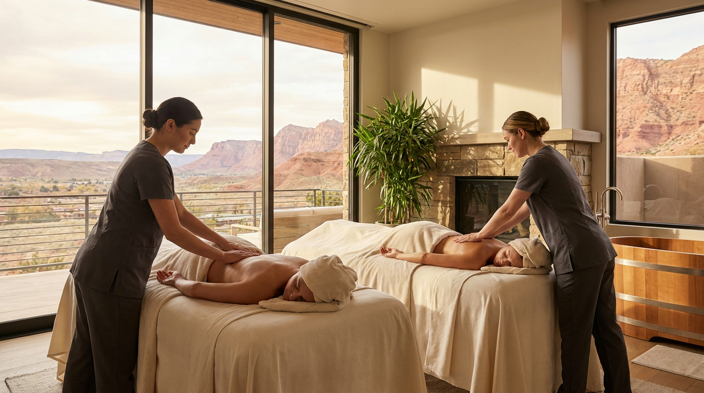 Two people enjoy a couples massage from therapists in a bright Utah spa room with large windows, mountain views, and soothing neutral décor.
