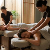 Two people enjoy a couples deep tissue massage, lying face down on tables as therapists work in a softly lit spa room with wooden decor and indoor plants, offering shared stress relief.