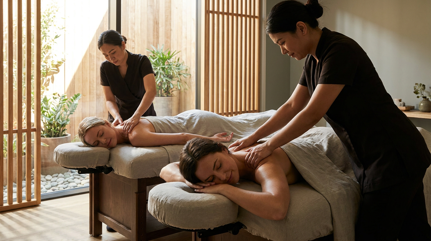 Two people enjoy a couples deep tissue massage, lying face down on tables as therapists work in a softly lit spa room with wooden decor and indoor plants, offering shared stress relief.