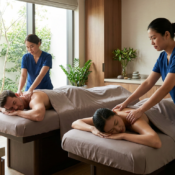 Two massage therapists in blue uniforms provide a relaxing Couples Deep Tissue Massage to a man and woman lying on tables in a spa room with large windows and abundant natural light.