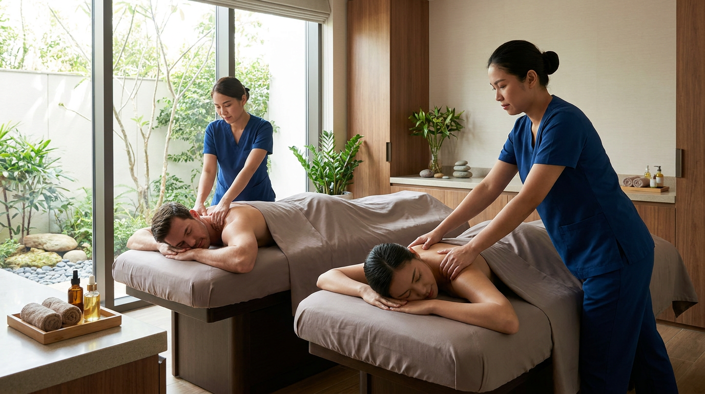 Two massage therapists in blue uniforms provide a relaxing Couples Deep Tissue Massage to a man and woman lying on tables in a spa room with large windows and abundant natural light.