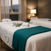 A massage therapist places stones on a treatment table in a room prepared for a couples massage with two beds, bedside lamps, and candles.