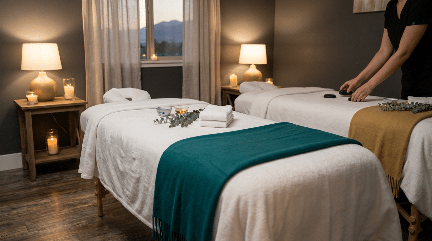 A massage therapist places stones on a treatment table in a room prepared for a couples massage with two beds, bedside lamps, and candles.