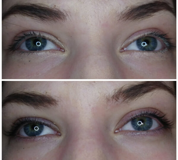 A close-up comparison of a person's eyes before and after applying mascara, showing enhanced and more defined eyelashes in the lower image.