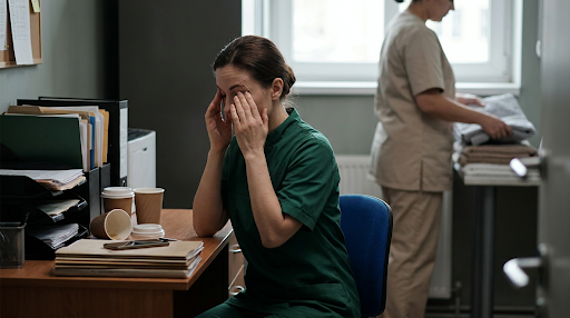 A person in green scrubs sits at a desk, rubbing their eyes—perhaps dreaming of a couples deep tissue massage to relieve their stress—while another person in beige scrubs folds linens in the background, both reflecting the daily challenges of maintaining work-life balance.